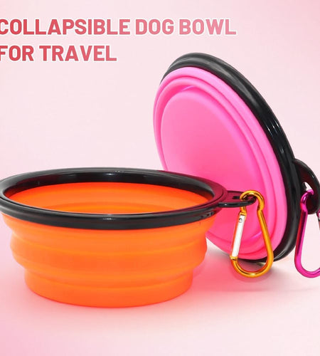 Collapsible Dog Bowls, 2 Pack, Portable Pet Feeding Watering Dish for Traveling with Carabiners (Small, Orange+Pink)
